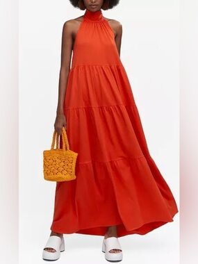 Mango Tiered Maxi Halter Dress in Bright Orange Size 16